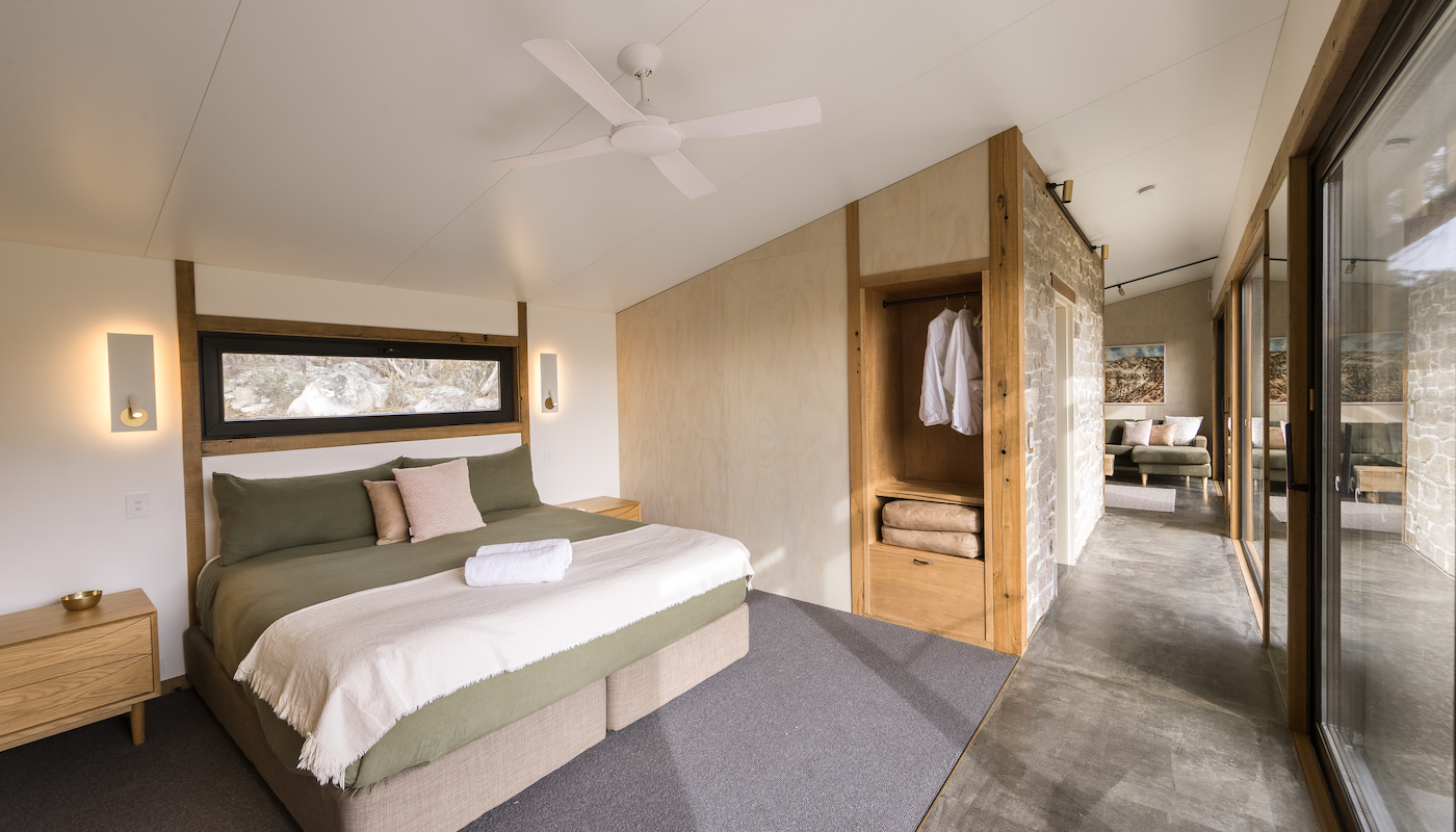 Bedroom of romantic cabin in the Snowy Mountains