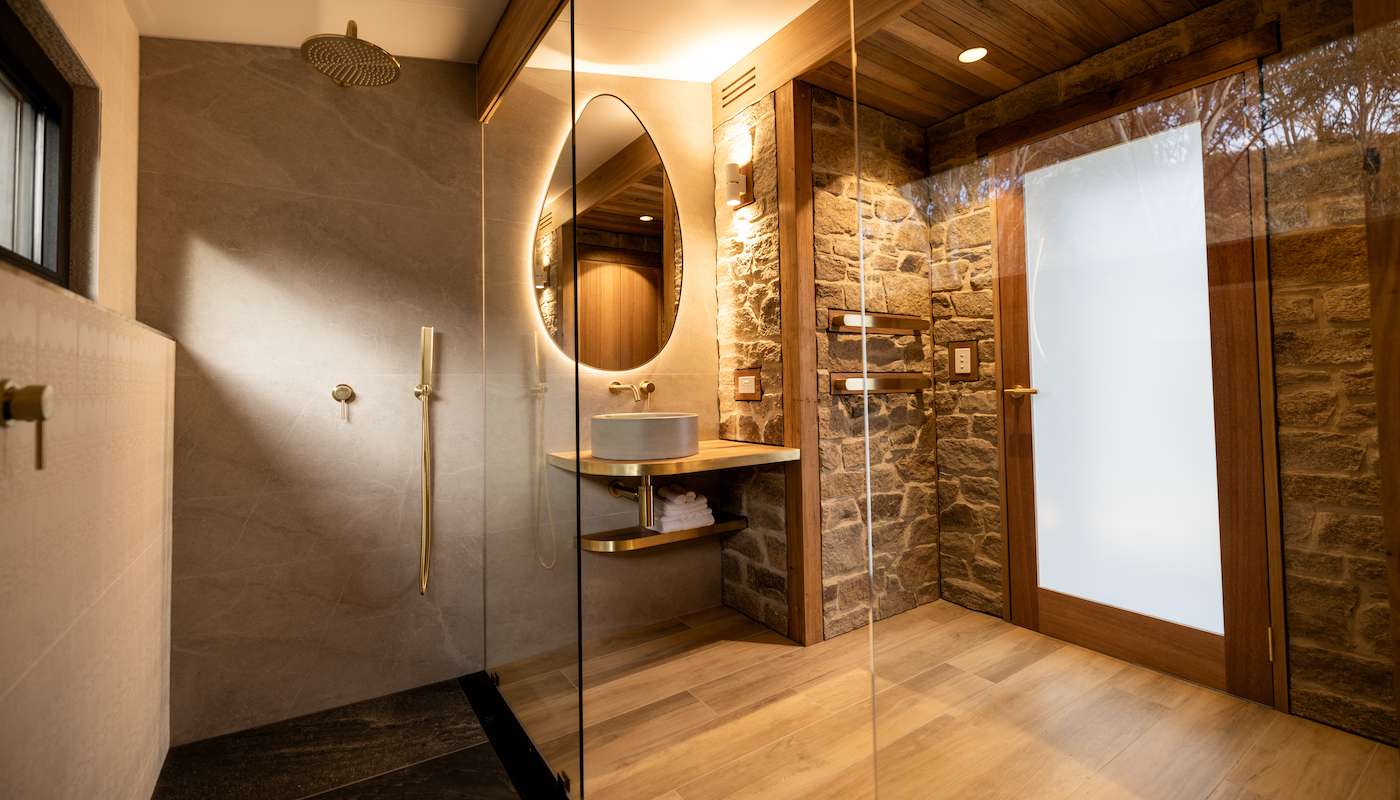 Luxurious bathroom of a contemporary romantic cabin in the Snowy Mountains