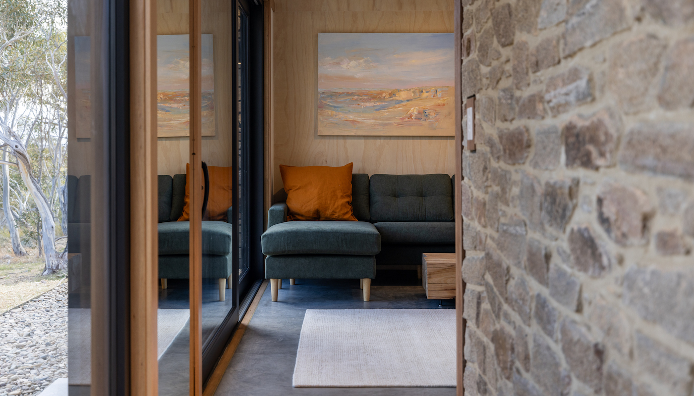 Interior of a contemporary romantic cabin in the Snowy Mountains