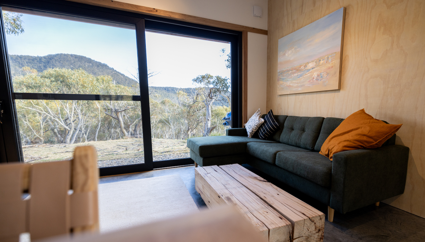 Living area in romantic couples retreat in the Thredbo Valley